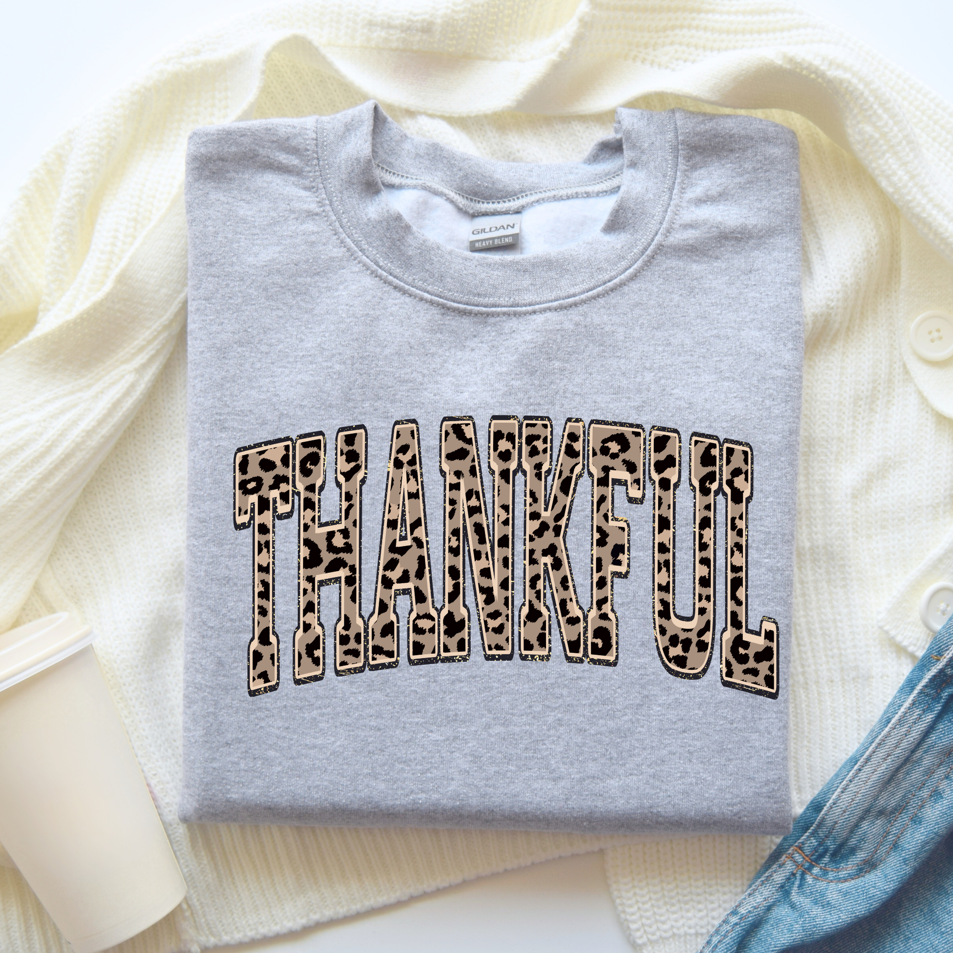 Thankful leopard print varsity sweatshirt on Gildan 18000 crewneck – cozy fall outfit