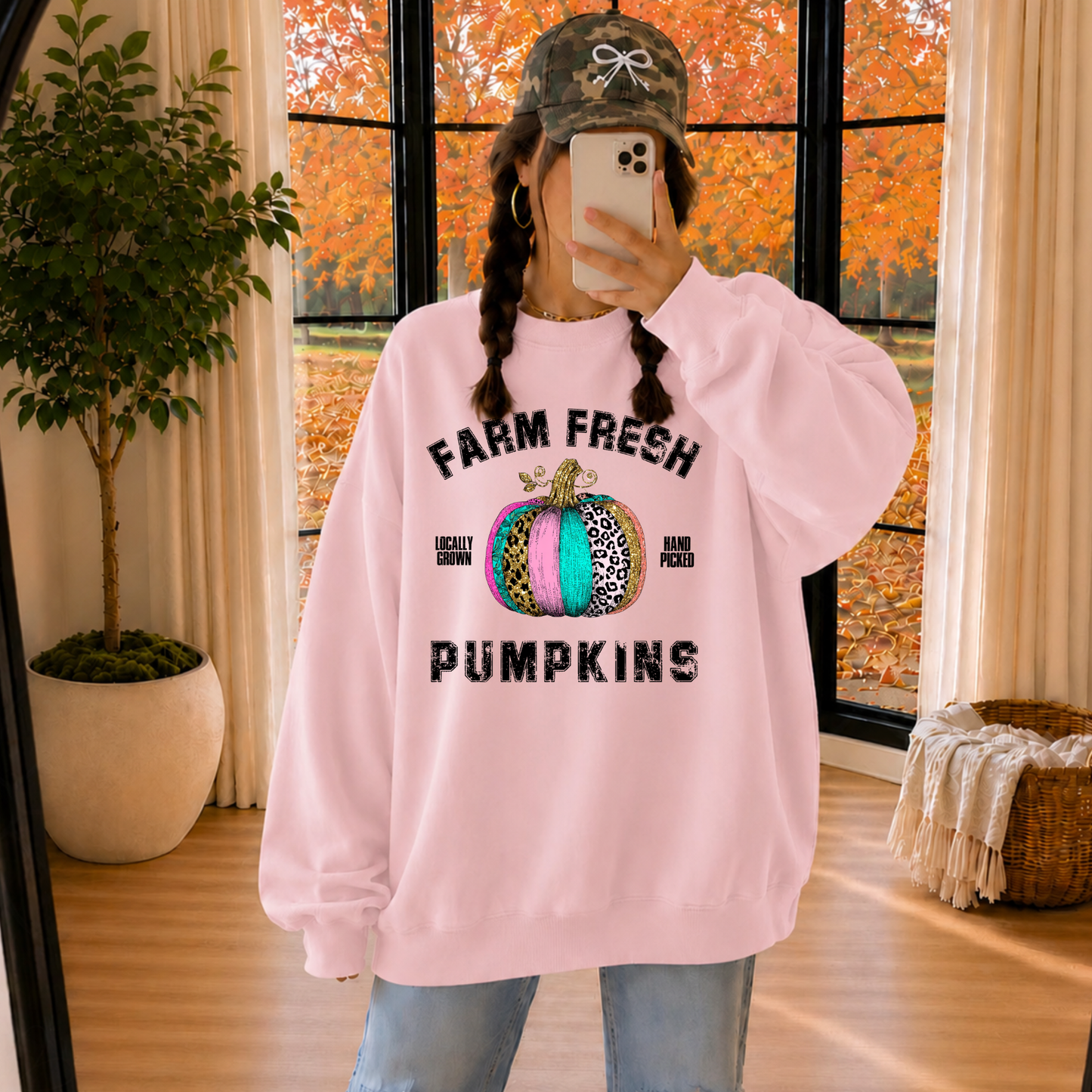 Pink Fall Pumpkin Sweatshirt for Women | Cute Leopard Pumpkin Crewneck | Farm Fresh Fall Sweatshirt