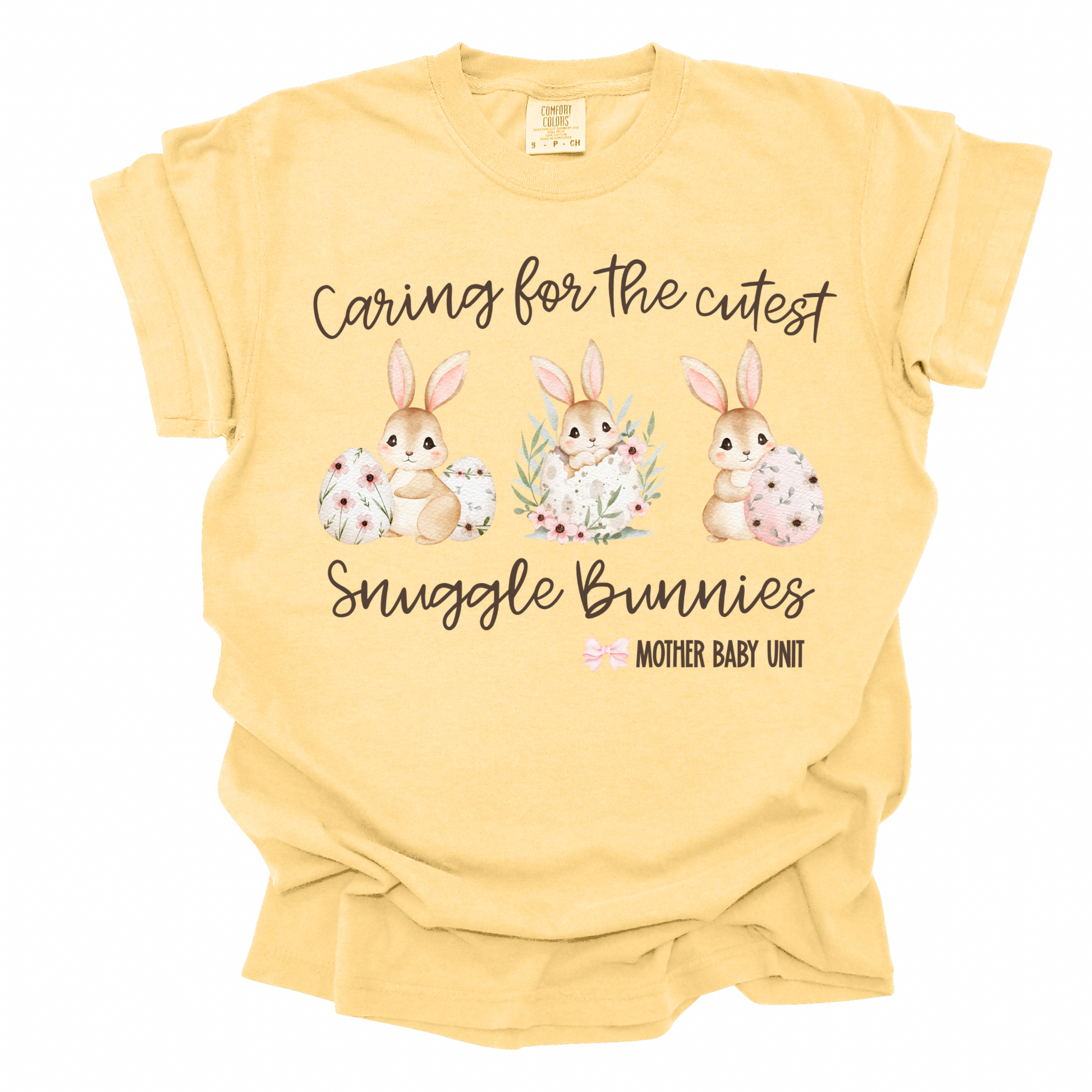 Comfort Colors Easter nurse shirt reading Caring for the Cutest Snuggle Bunnies, cute spring NICU and labor delivery nurse gift tee
