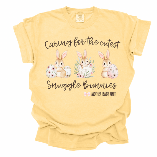 Comfort Colors Easter nurse shirt reading Caring for the Cutest Snuggle Bunnies, cute spring NICU and labor delivery nurse gift tee