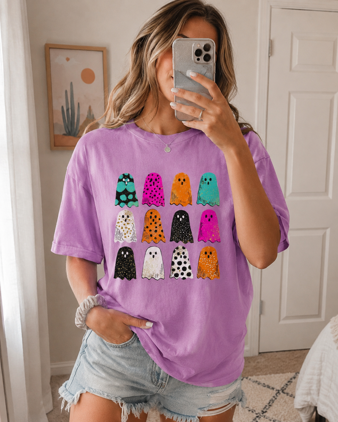 Cute Ghost Halloween Shirt for Women | Colorful Retro Halloween Graphic Tee | Spooky Season Shirt