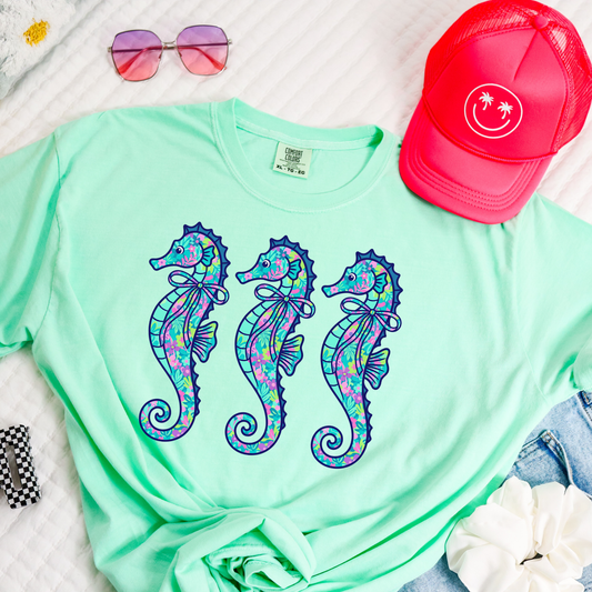 Preppy Seahorse Shirt for Women | Coastal Summer Comfort Colors Tee | Beach Vacation Outfit | Cute Nautical Graphic Tee | Summer Gift for Her
