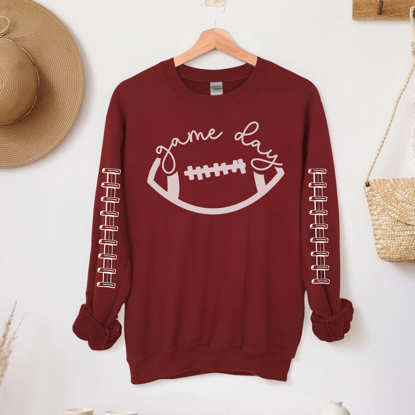 Football Game Day Crewneck Sweatshirt with Sleeve Design