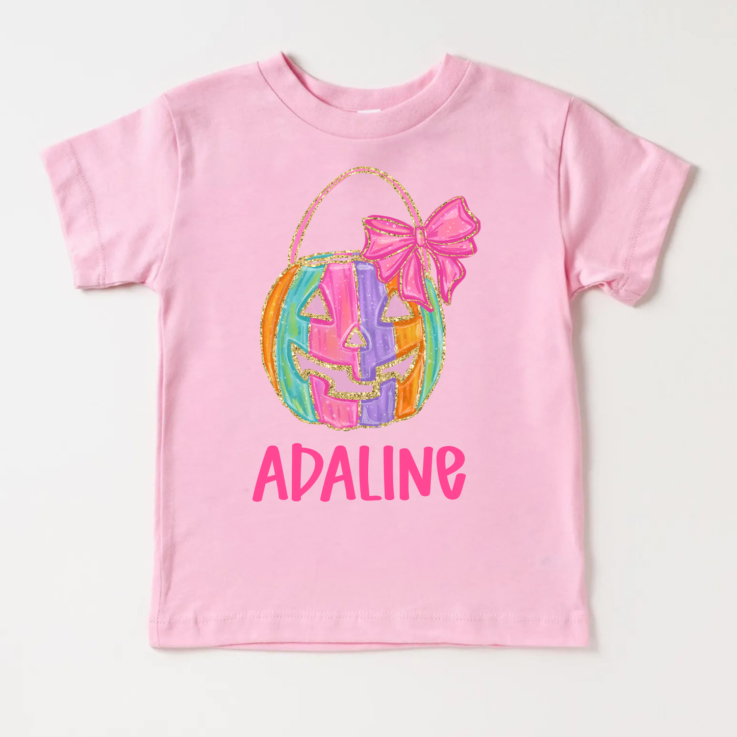 Personalized Girls Halloween Shirt | Pink Pumpkin Custom Name Tee
