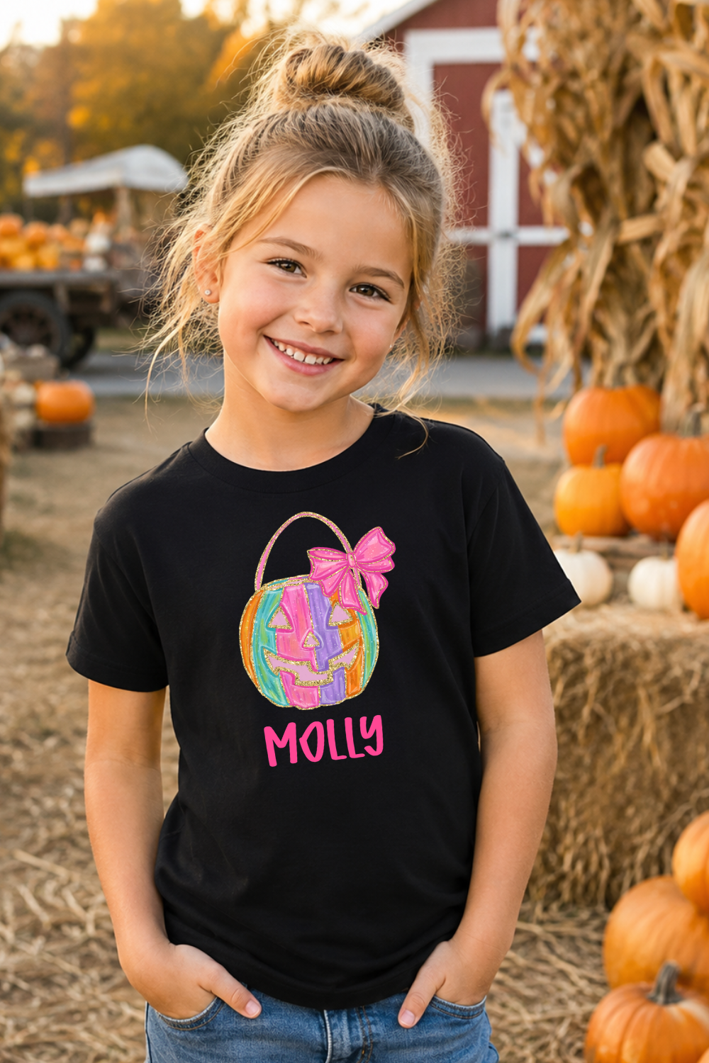 Personalized Girls Halloween Shirt | Pink Pumpkin Custom Name Tee