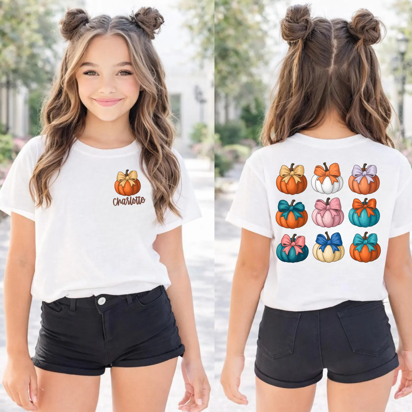 Personalized Girls Halloween Shirt | Comfort Colors Pumpkin Bow Custom Name Tee