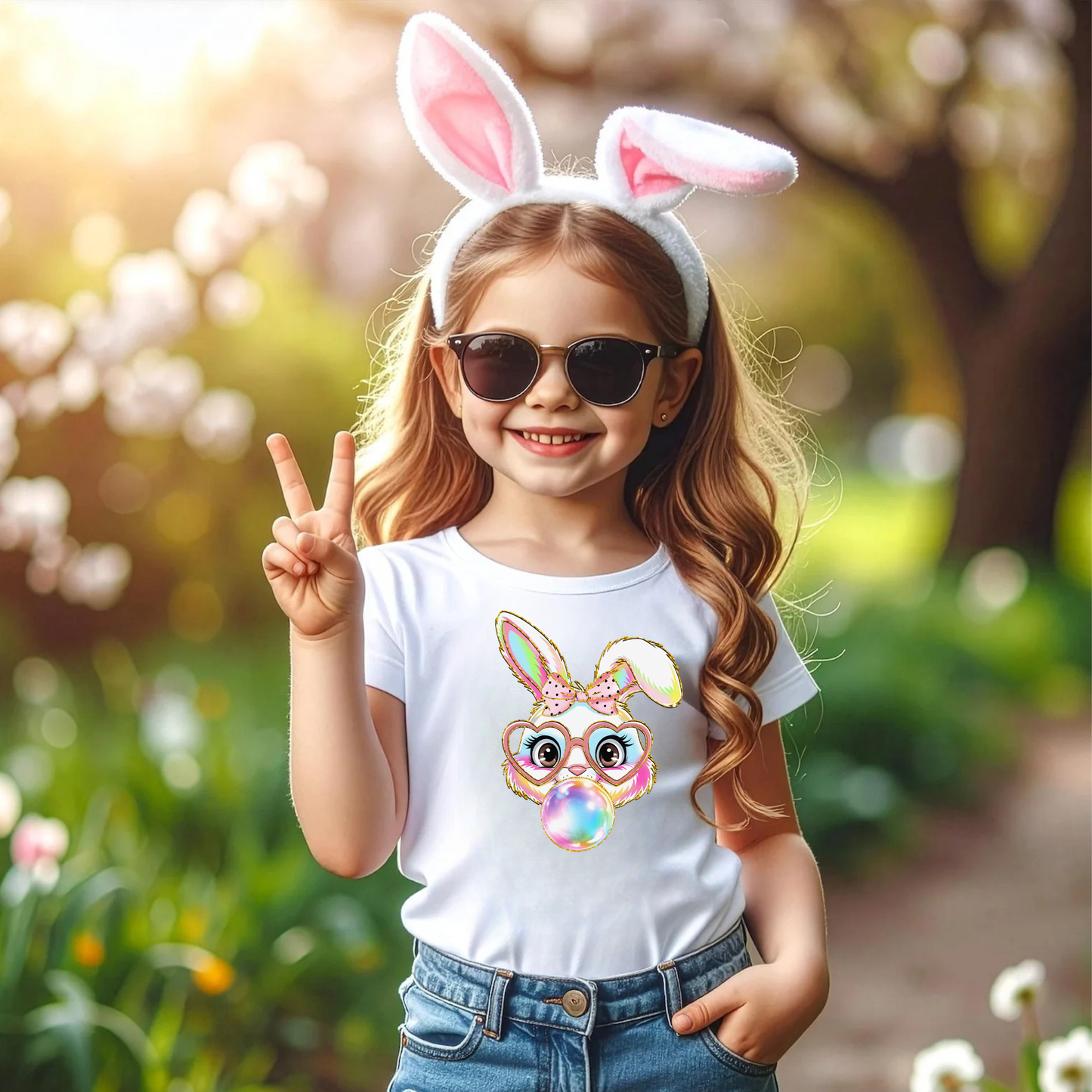 Girls Easter Bunny Bubblegum Shirt, Rainbow Brushstroke Bunny Tee, Easter Egg Hunt Outfit for Kids, Cute Spring Gift for Girls