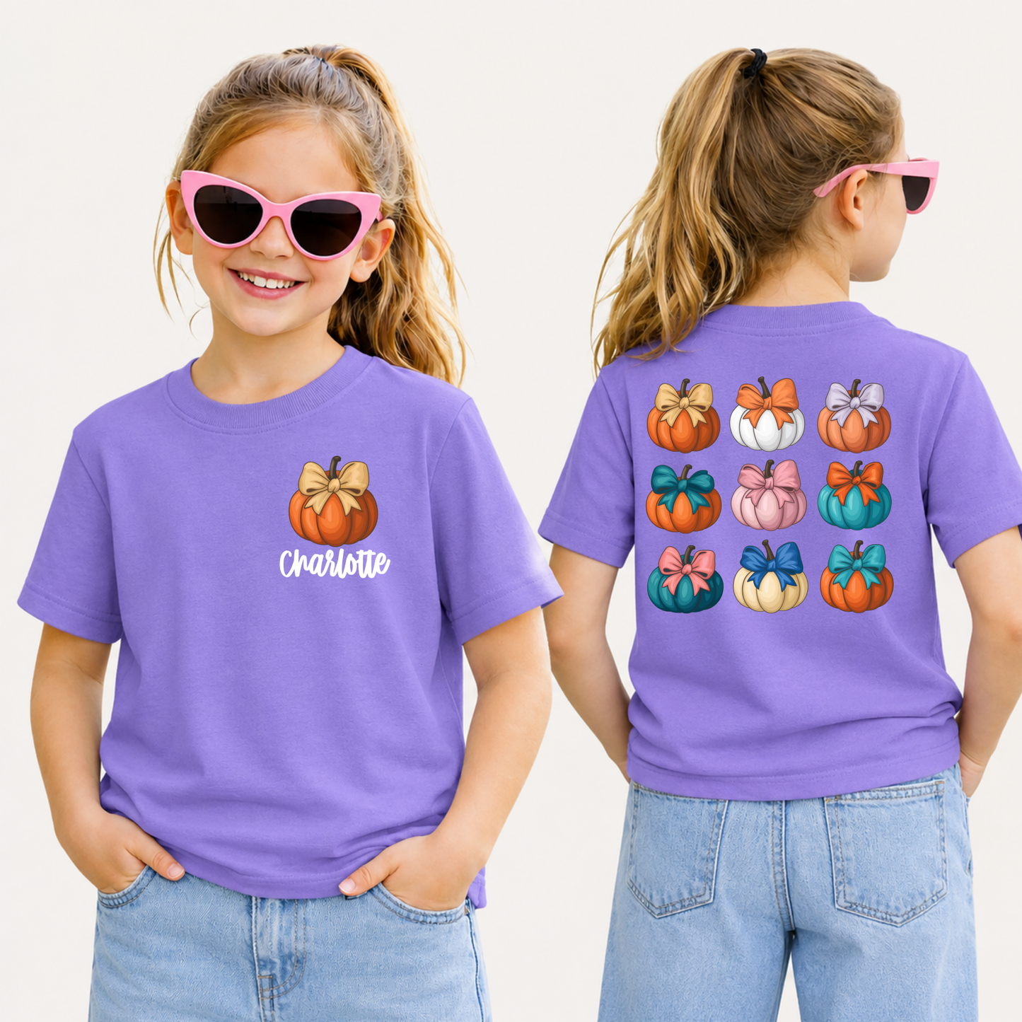 Personalized Girls Halloween Shirt | Comfort Colors Pumpkin Bow Custom Name Tee
