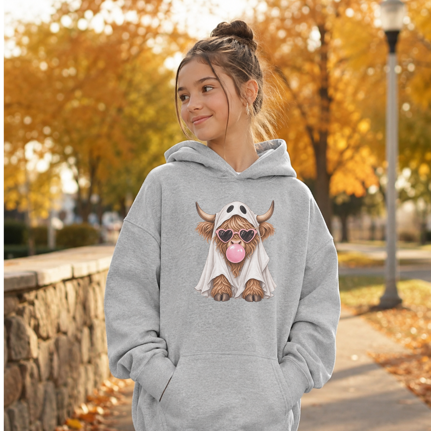 Highland Cow Ghost Hoodie for Girls | Cute Fall Halloween Hoodie | Bubblegum Cow Sweatshirt