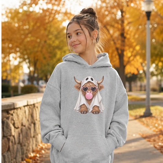 Highland Cow Ghost Hoodie for Girls | Cute Fall Halloween Hoodie | Bubblegum Cow Sweatshirt
