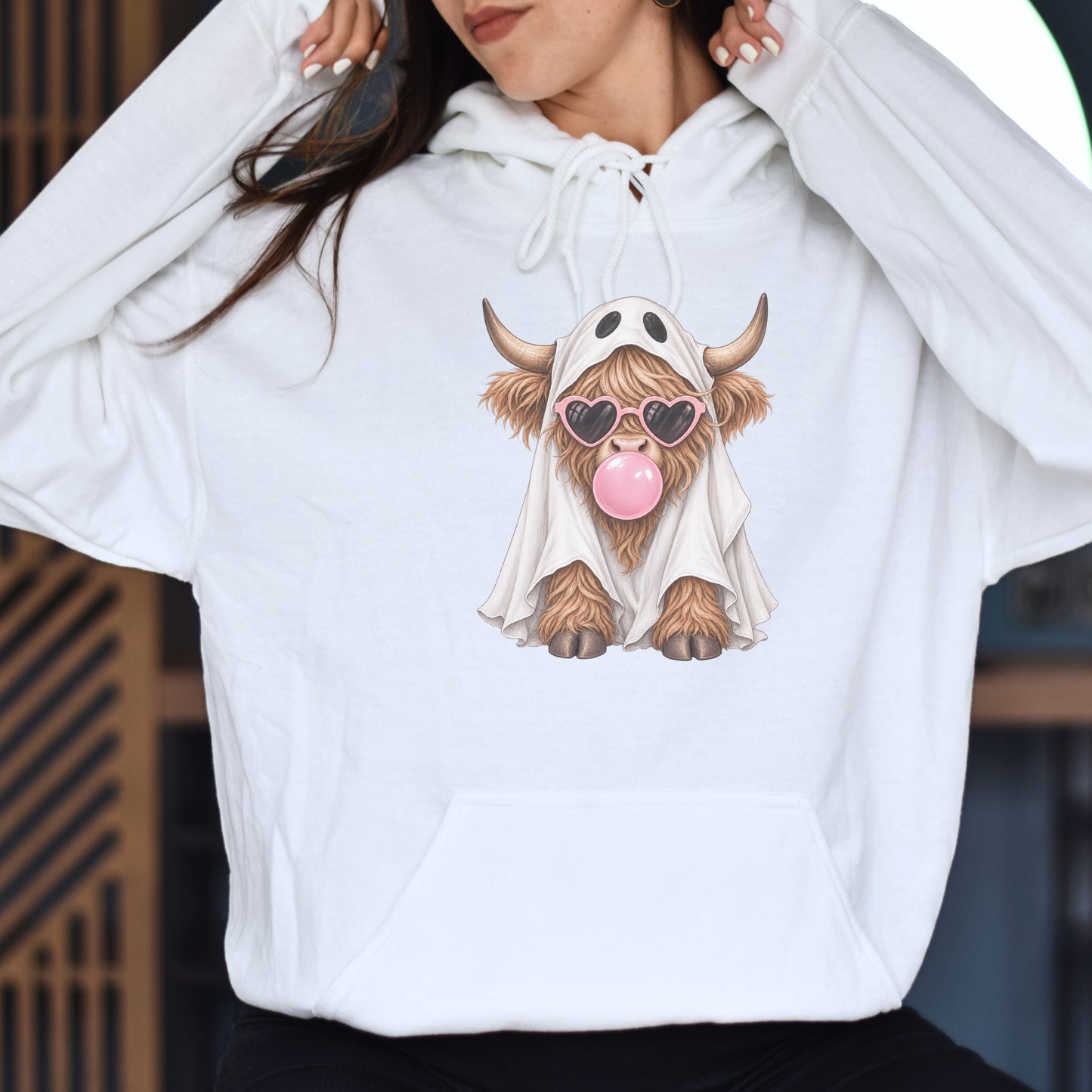 Highland Cow Ghost Hoodie for Girls | Cute Fall Halloween Hoodie | Bubblegum Cow Sweatshirt