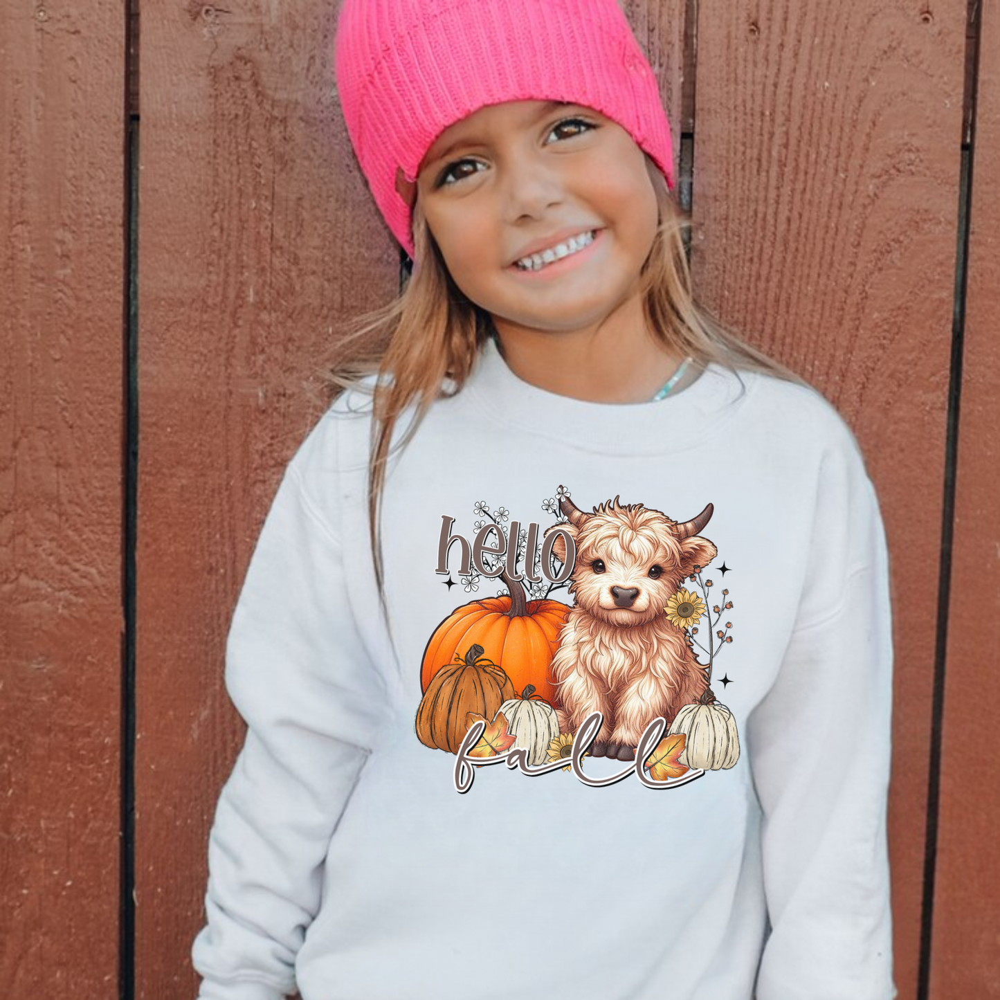 Girls Highland Cow Fall Sweatshirt | Cute Pumpkin Crewneck for Girls