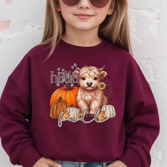Girls Highland Cow Fall Sweatshirt | Cute Pumpkin Crewneck for Girls