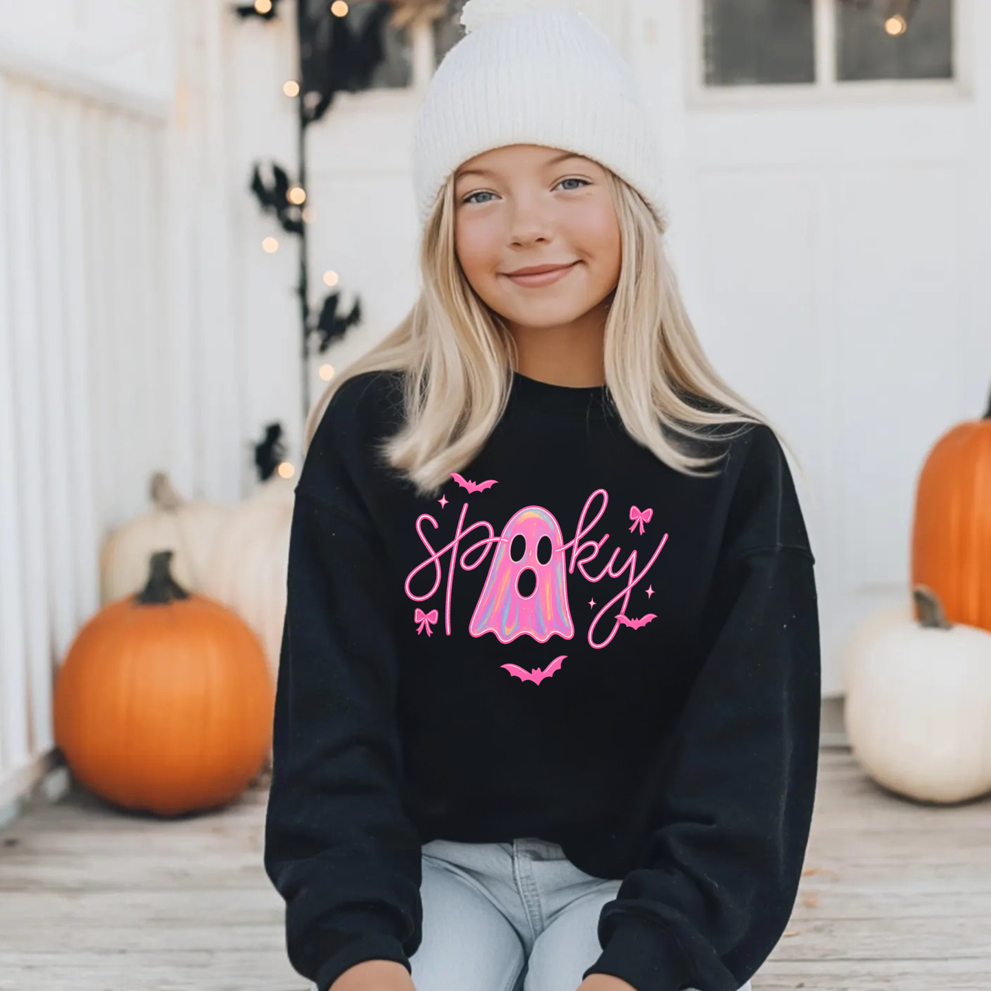 Girls Spooky Ghost Sweatshirt | Pink Halloween Crewneck for Girls