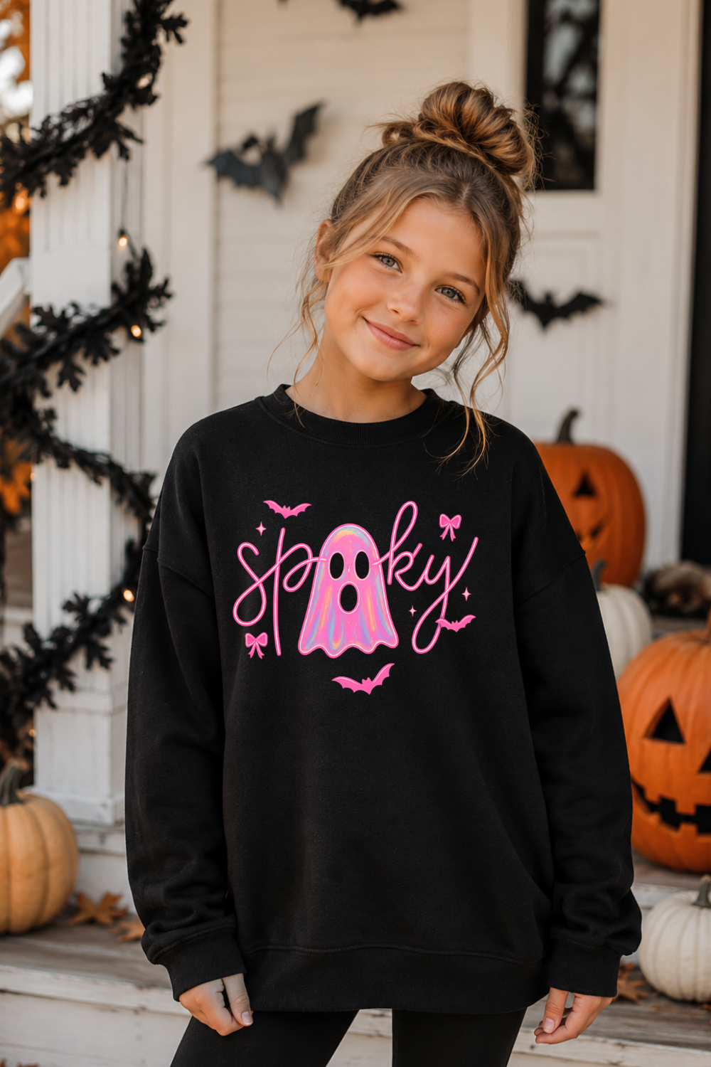Girls Spooky Ghost Sweatshirt | Pink Halloween Crewneck for Girls