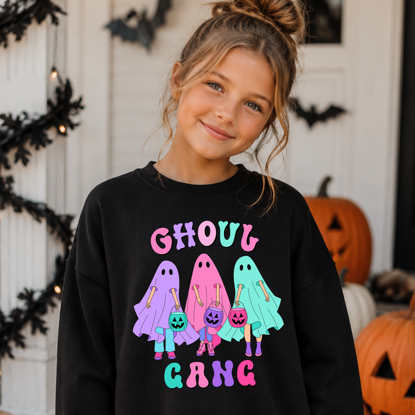 Girls Halloween Ghost Sweatshirt | Colorful Ghoul Gang Crewneck