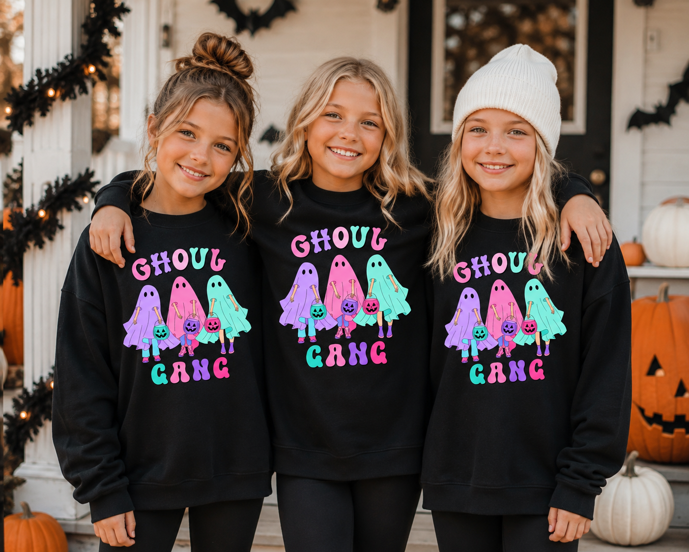 Girls Halloween Ghost Sweatshirt | Colorful Ghoul Gang Crewneck