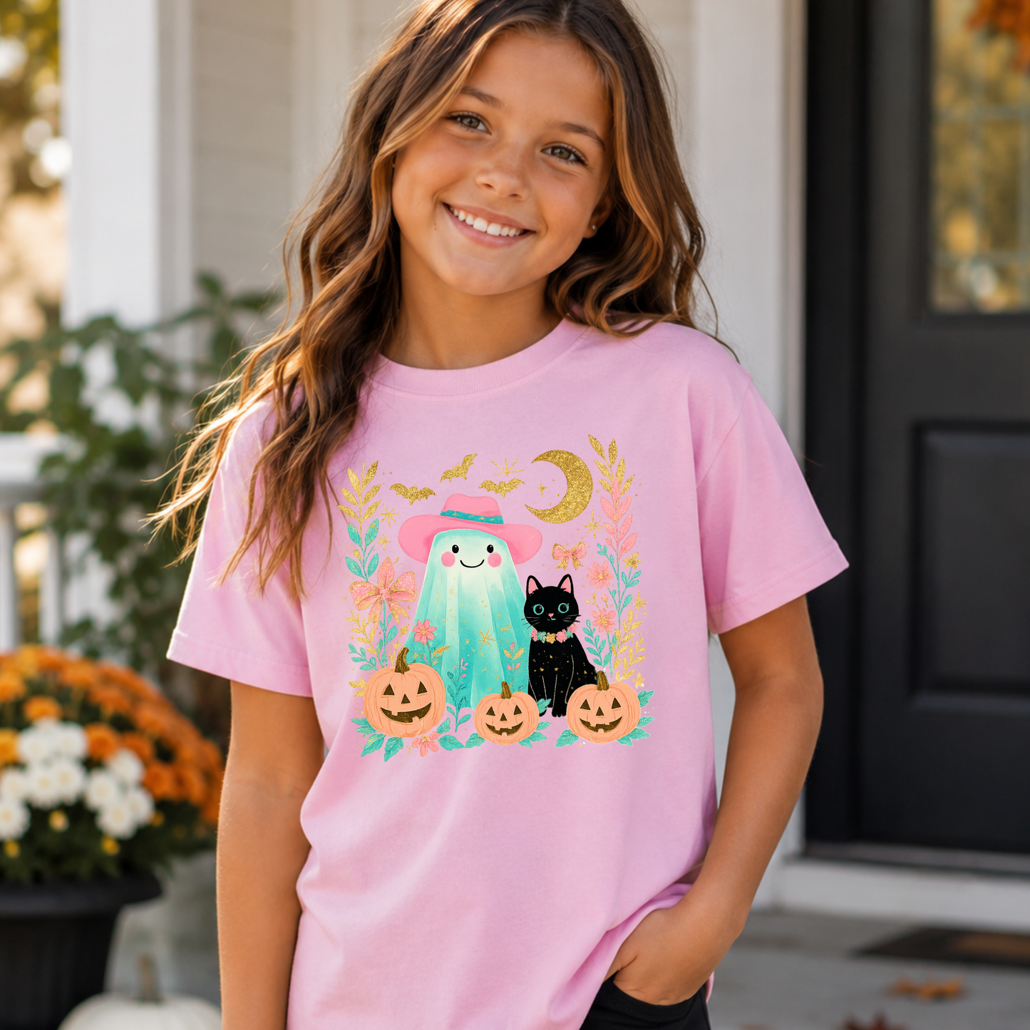 Girls Pink Ghost Halloween Shirt | Cute Toddler & Youth Halloween Tee