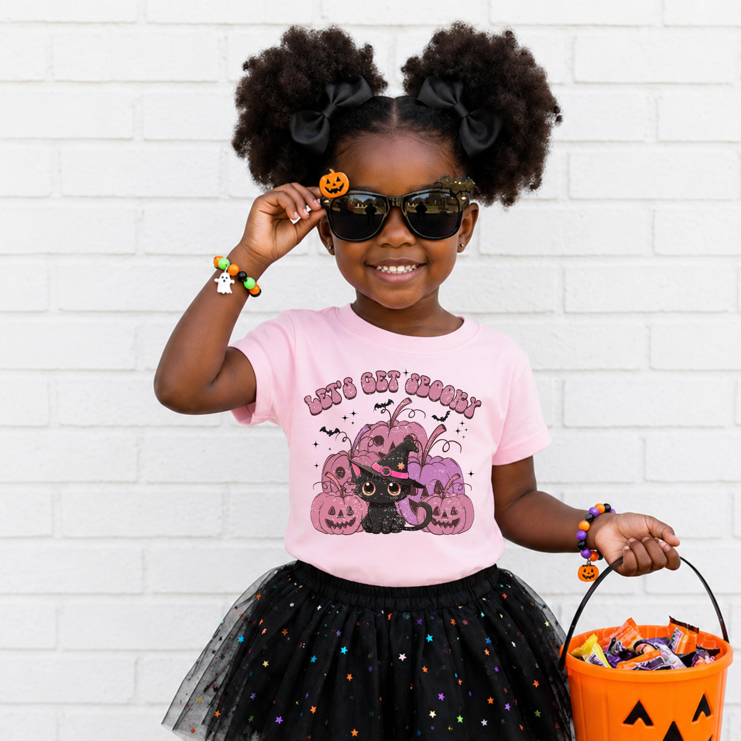 Girls Black Cat Halloween Shirt | Pink Let’s Get Spooky Tee