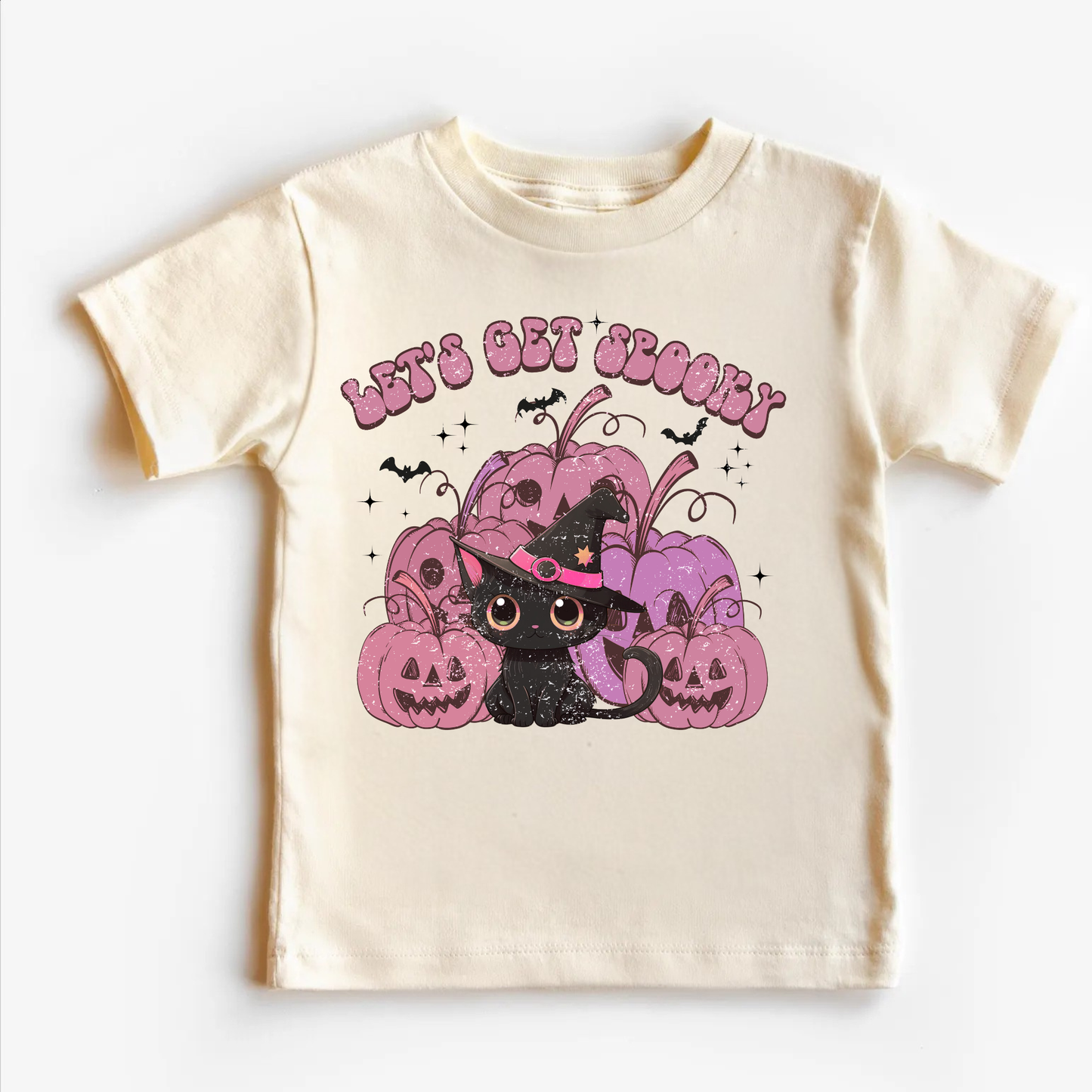 Girls Black Cat Halloween Shirt | Pink Let’s Get Spooky Tee