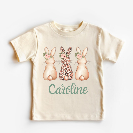 Personalized Girls Easter Bunny Shirt with Name • Leopard Print Bunny Easter Outfit • Custom Easter Egg Hunt Shirt • Easter Basket Gift for Girls