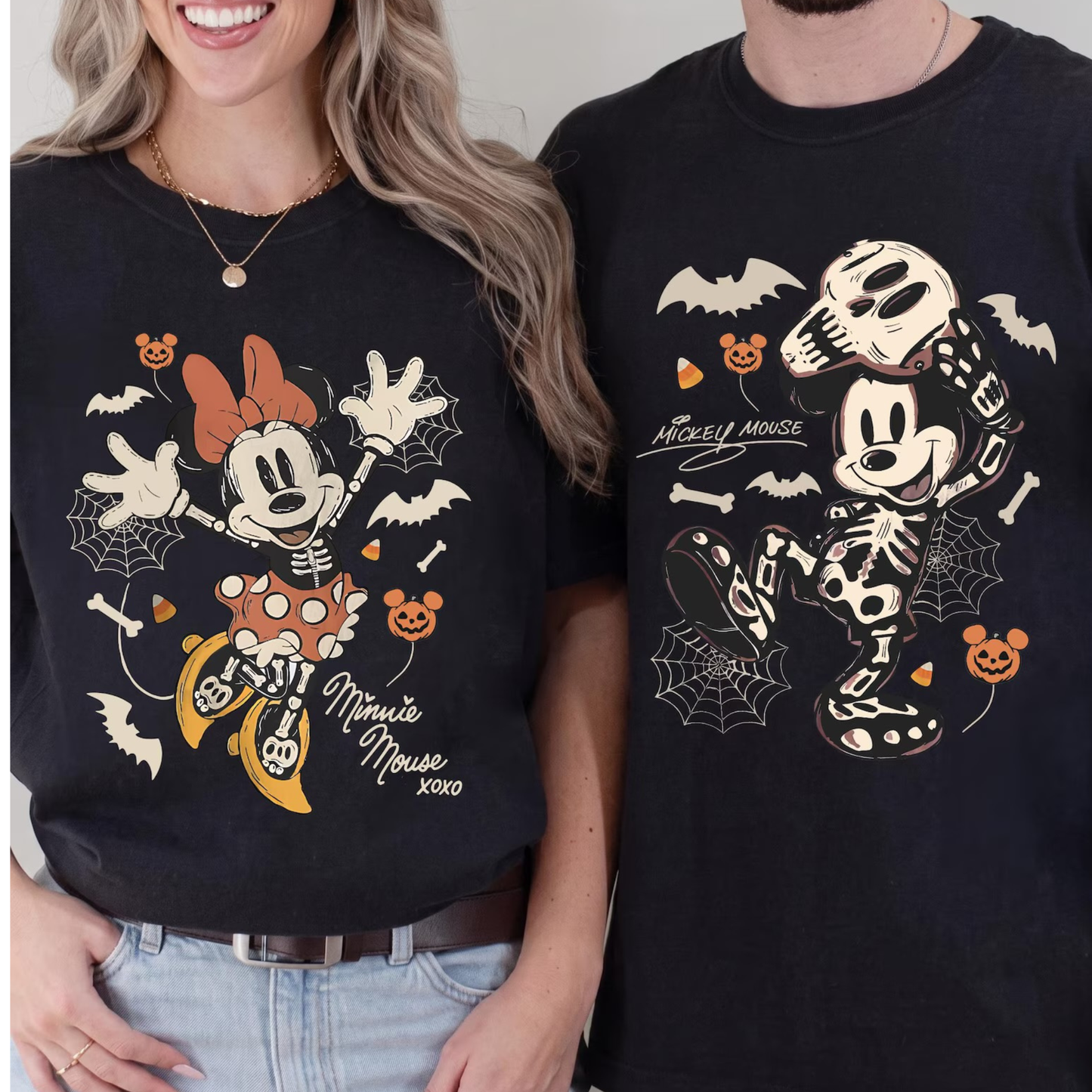 HALLOWEEN PARTY MATCHING COUPLES SHIRTS - RETRO MOUSE GHOST AND SKELETON - COMFORT COLORS