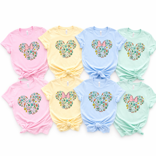 Matching family Easter shirts featuring mouse-inspired designs, available in boy or girl style, soft spring outfit for egg hunt and Easter brunch photos