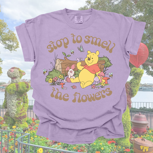 Stop and Smell the Flowers Pooh Shirt – Flower & Garden Festival Outfit, Spring Park Day Tee, Comfort Colors Youth & Adult, Gift for Women Moms Girls