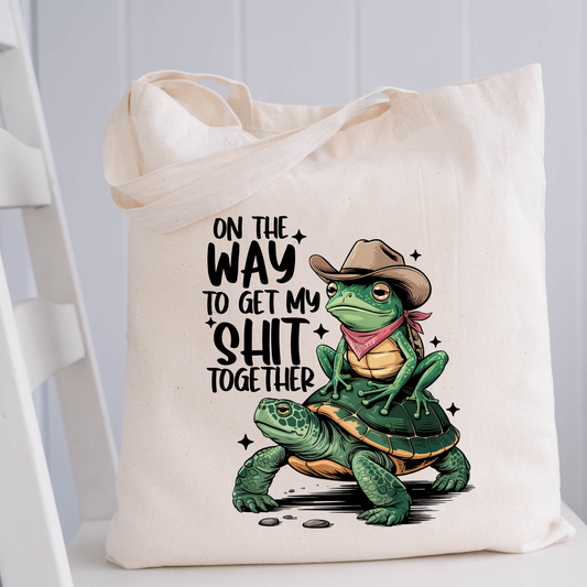 Funny Frog Riding Turtle Tote Bag – On My Way to Get My Shit Together