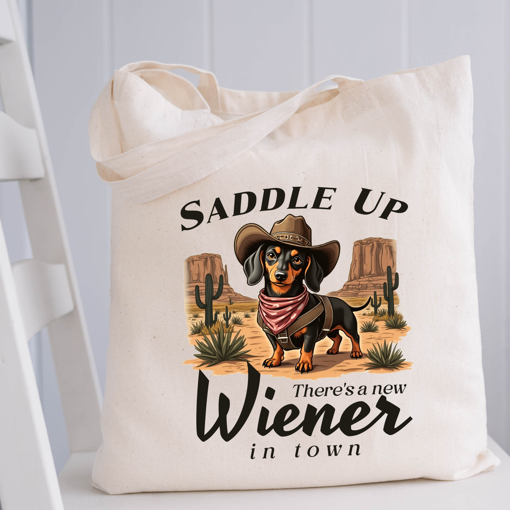 Funny Cowboy Wiener Dog Tote Bag – Saddle Up There’s a New Wiener in Town