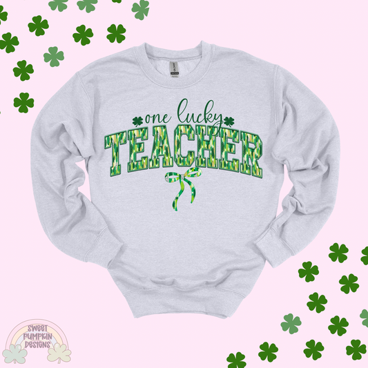 One Lucky Teacher Sweatshirt | St. Patrick’s Day Teacher Outfit | Cute Shamrock School Crewneck | Teacher Appreciation Gift | Comfy Spring Teacher Style