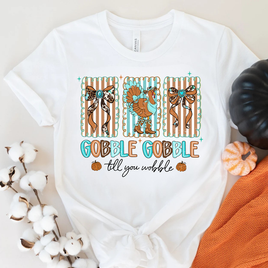 Gobble Till You Wobble Western Thanksgiving Shirt | Turquoise Cowgirl Turkey Graphic Tee | Bella + Canvas 3001