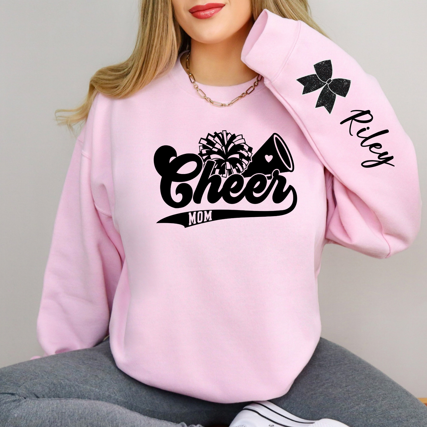 Custom Cheer Mom Sweatshirt with Name Sleeve Accent, Cute Cheerleading Mom Crewneck, Cozy Game Day Mom Gift