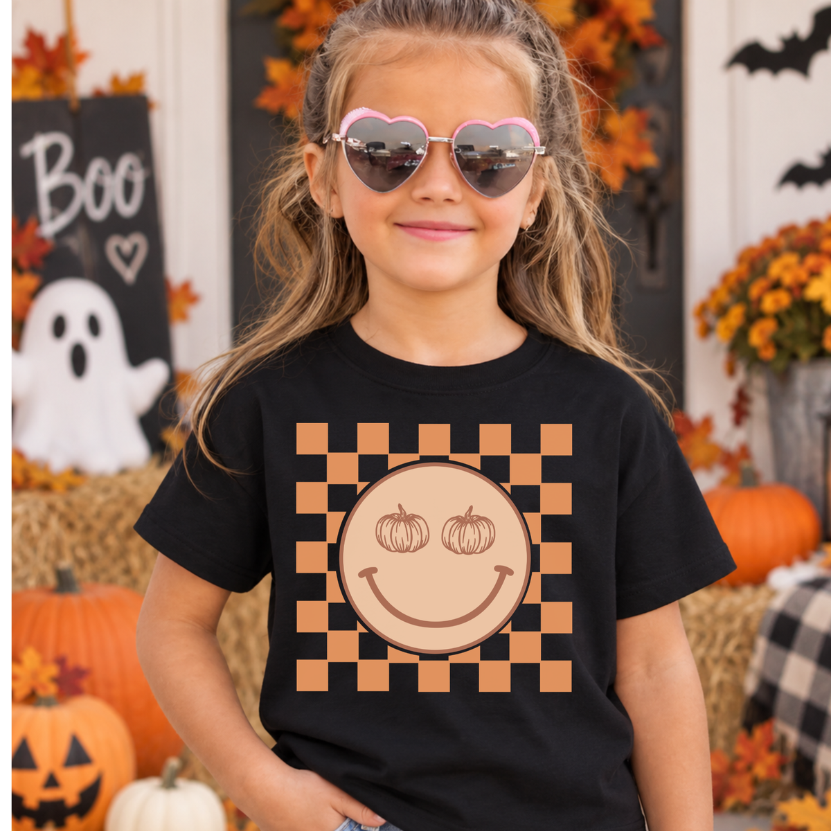 Girls Pumpkin Smiley Halloween Shirt | Cute Fall Checkered Tee | Pumpkin Patch Shirt