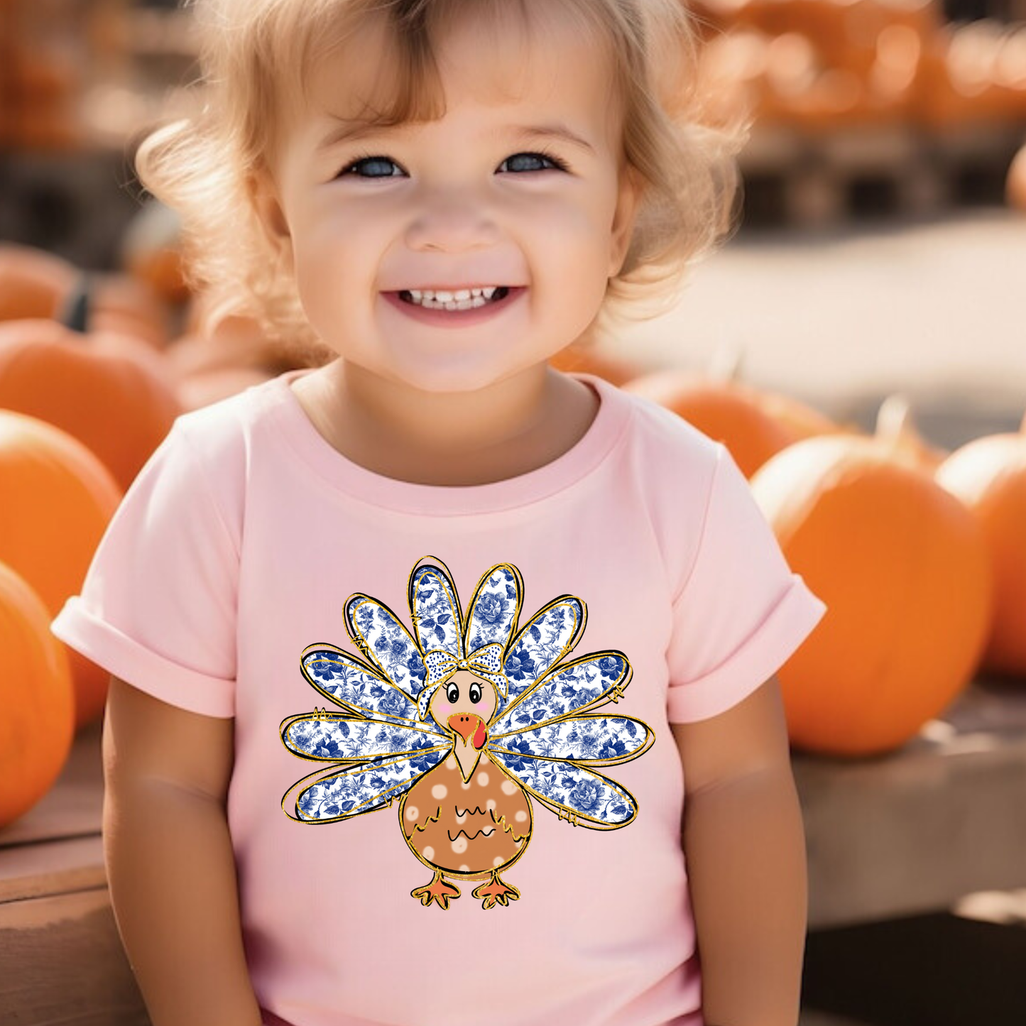 Chinoiserie Blue Floral Turkey Shirt for Girls | Cute Thanksgiving T-Shirt