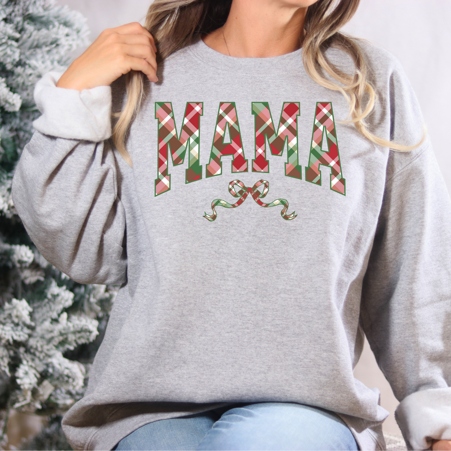 Christmas Plaid Mama Bow Crewneck Sweatshirt