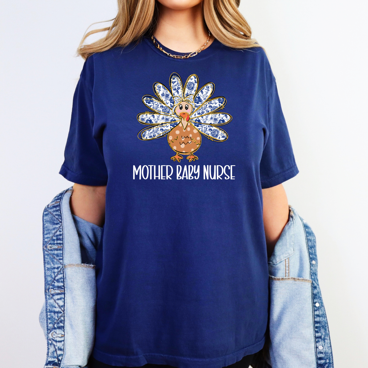 Comfort Colors Thanksgiving Mother Baby Nurse Shirt featuring cute turkey design, perfect for L&D, NICU, and postpartum nurses.
