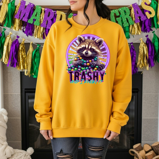 Women’s Mardi Gras Raccoon Sweatshirt | Funny Carnival Crewneck for Women | Festive Southern Gift