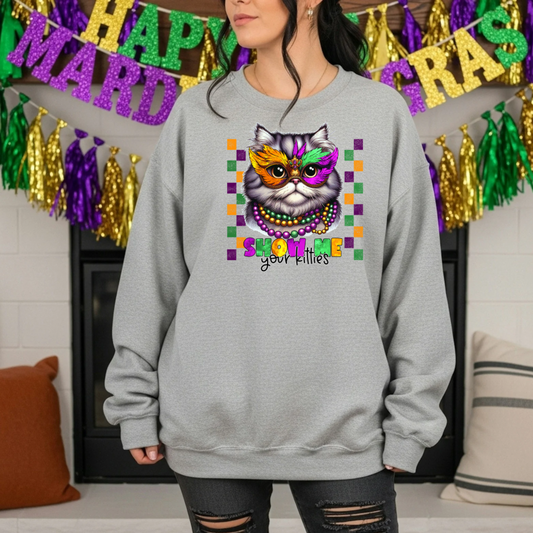 Funny Cat Mardi Gras Sweatshirt | Women’s Carnival Crewneck | Festive Southern Cat Lover Gift