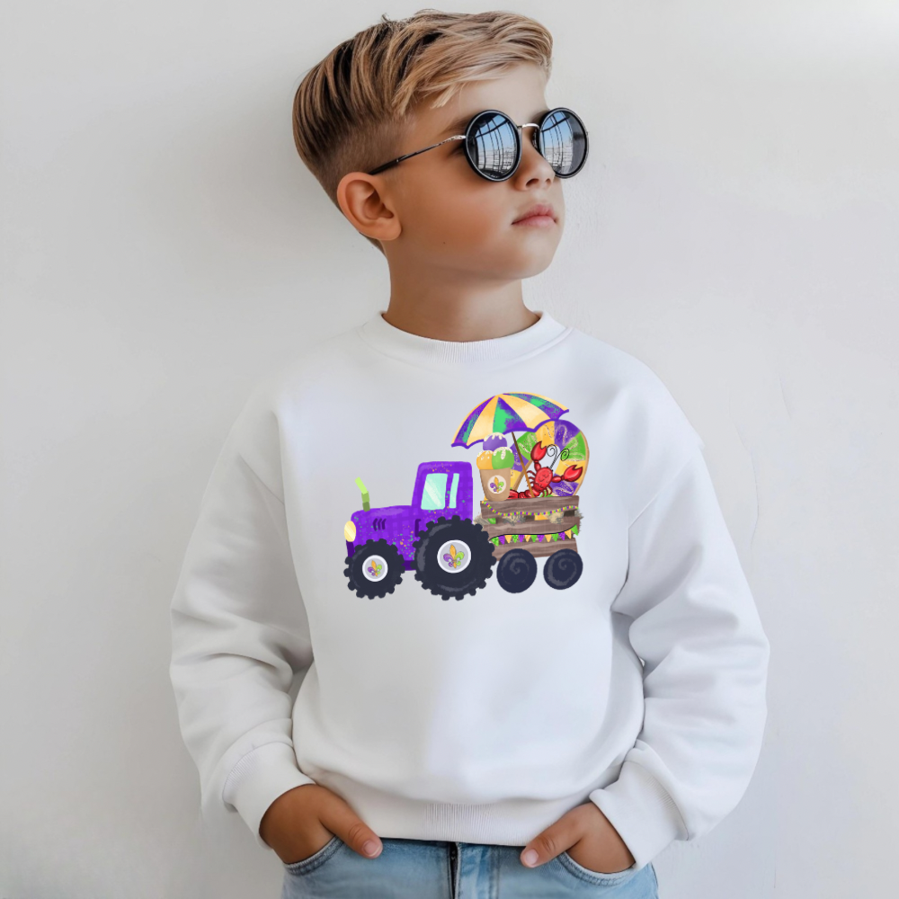 Kids Mardi Gras Tractor Sweatshirt | Cute Carnival Crewneck for Boys & Girls | Festive Holiday Outfit Gift