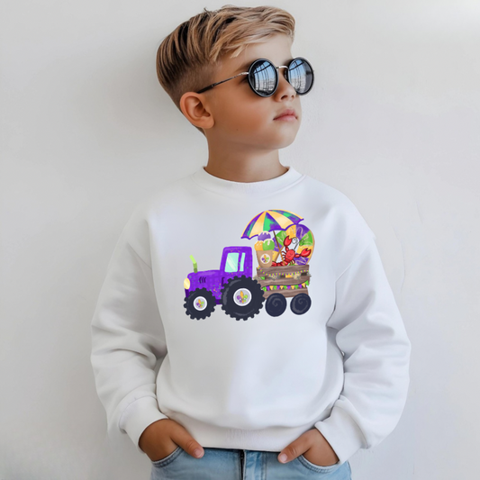 Kids Mardi Gras Tractor Sweatshirt | Cute Carnival Crewneck for Boys & Girls | Festive Holiday Outfit Gift