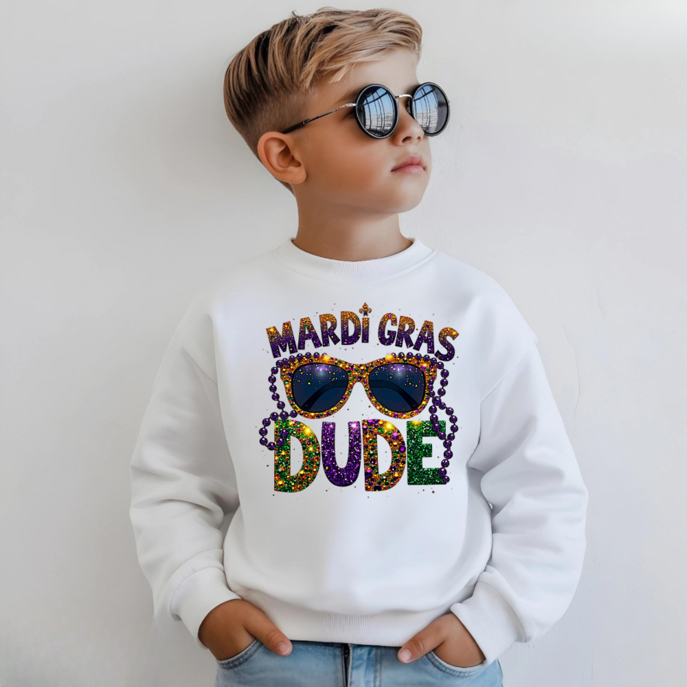 Kids Mardi Gras Dude Sweatshirt | Cute Carnival Crewneck for Boys & Girls | Festive Holiday Outfit Gift