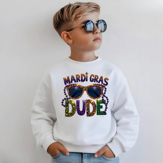 Kids Mardi Gras Dude Sweatshirt | Cute Carnival Crewneck for Boys & Girls | Festive Holiday Outfit Gift