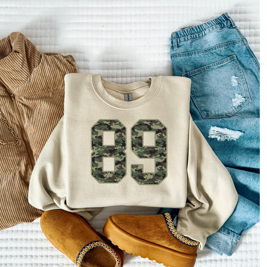 Camo 89 Varsity Sweatshirt | Trendy Oversized Number Crewneck | Retro Athletic Fall Sweatshirt