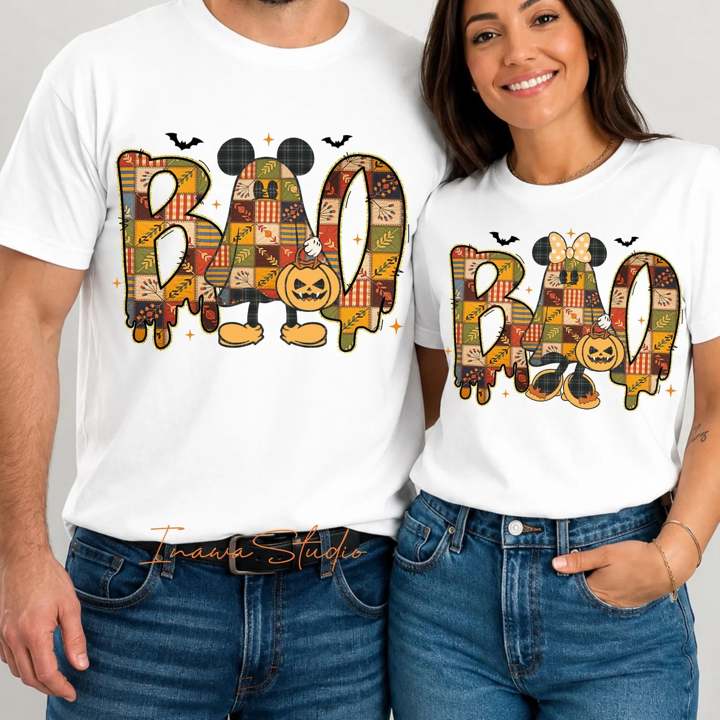 HALLOWEEN PARTY MATCHING COUPLES SHIRTS - PLAID BOO MOUSE COMFORT COLORS