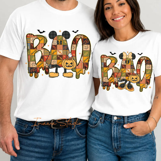 HALLOWEEN PARTY MATCHING COUPLES SHIRTS - PLAID BOO MOUSE COMFORT COLORS