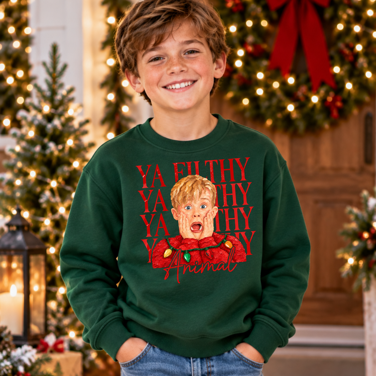 YA FILTHY ANIMAL- FUNNY CHRISTMAS CREWNECK SWEATSHIRT FOR TODDLERS & KIDS