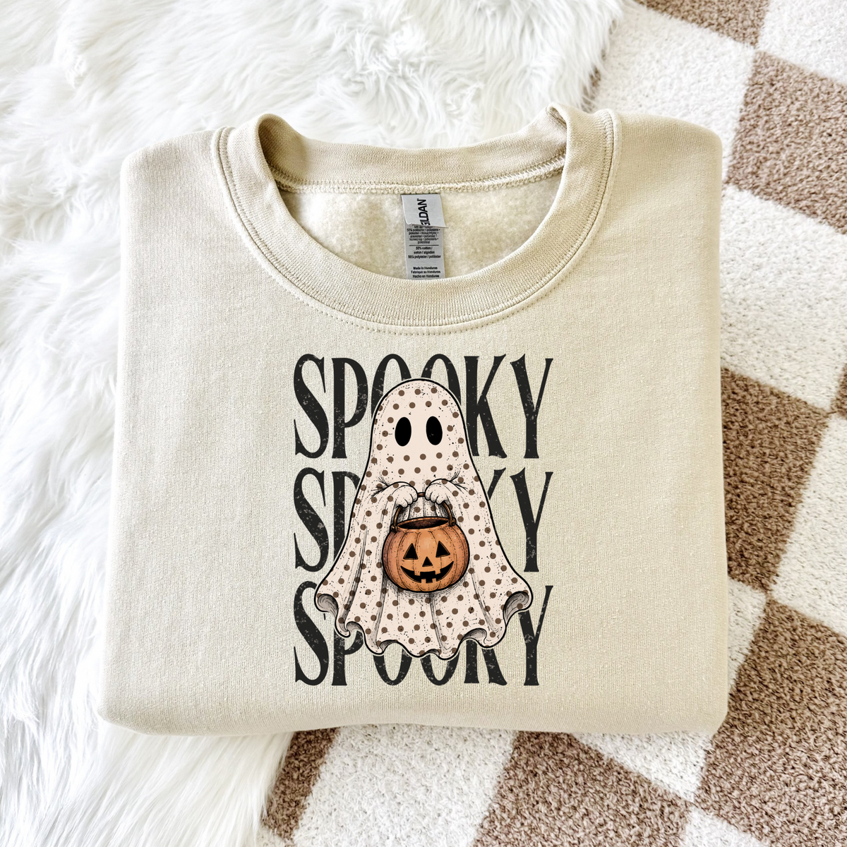 Polka Dot Ghost Halloween Sweatshirt | Vintage Spooky Season Crewneck | Cute Ghost Pumpkin Sweatshirt