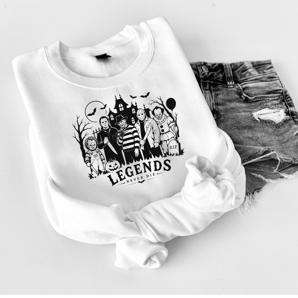 Legends Never Die Horror Crewneck Sweatshirt | Retro Horror Movie Sweatshirt | Spooky Halloween Crewneck