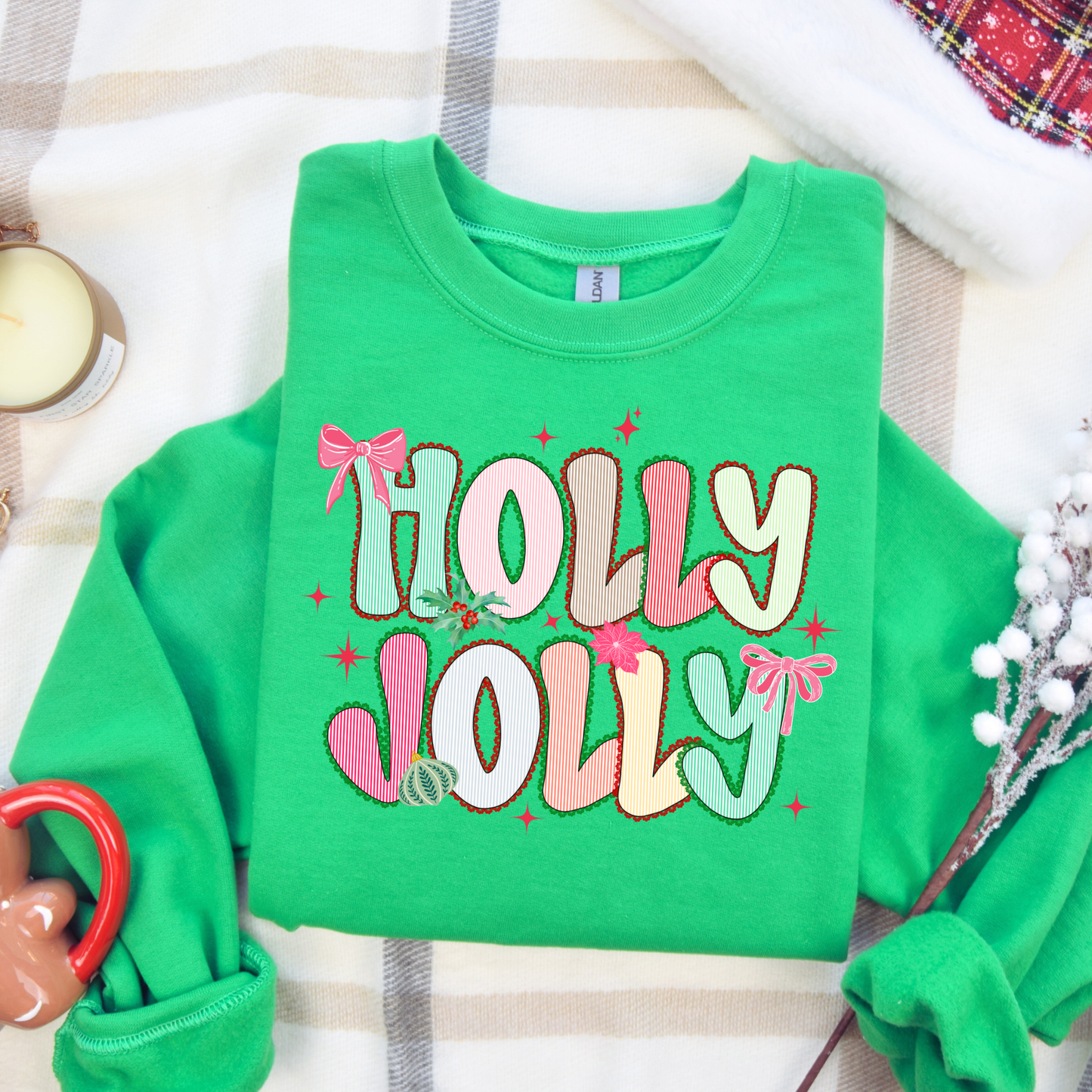 Gildan 18000 unisex Christmas crewneck with Holly Jolly text